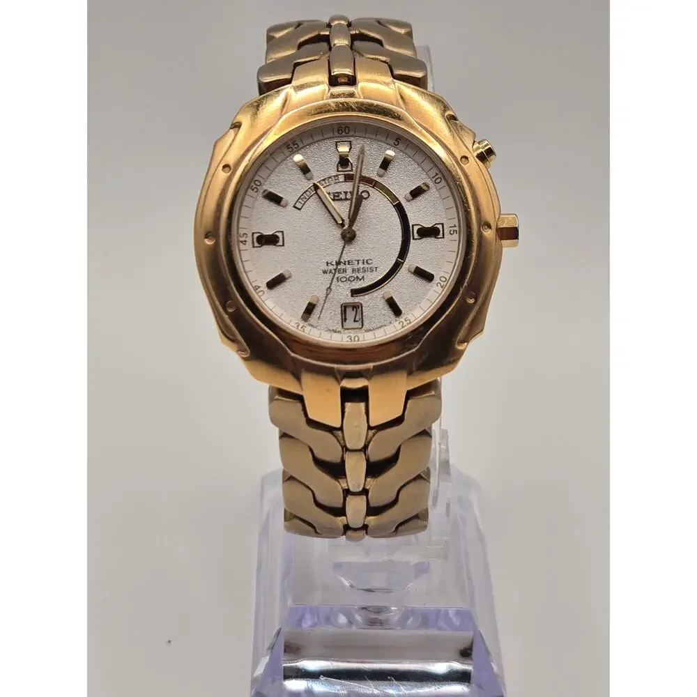 Seiko Kinetic 100M Men’s Gold Tone Watch 5M62 Date New Capacitor Pre-Owned Dress